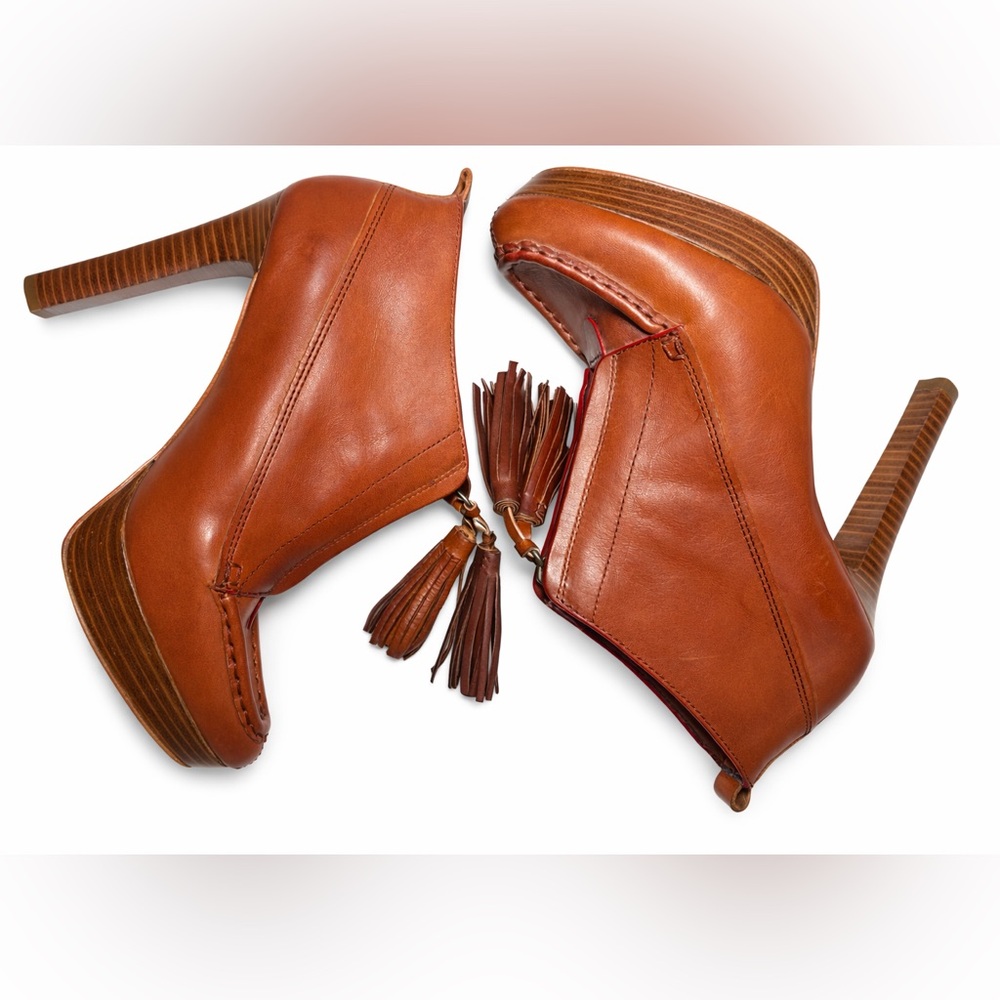 Coach Cary Platform Ankle Booties Legacy Collection Cognac Leather w/ Tassel Zip - Picture 5 of 13